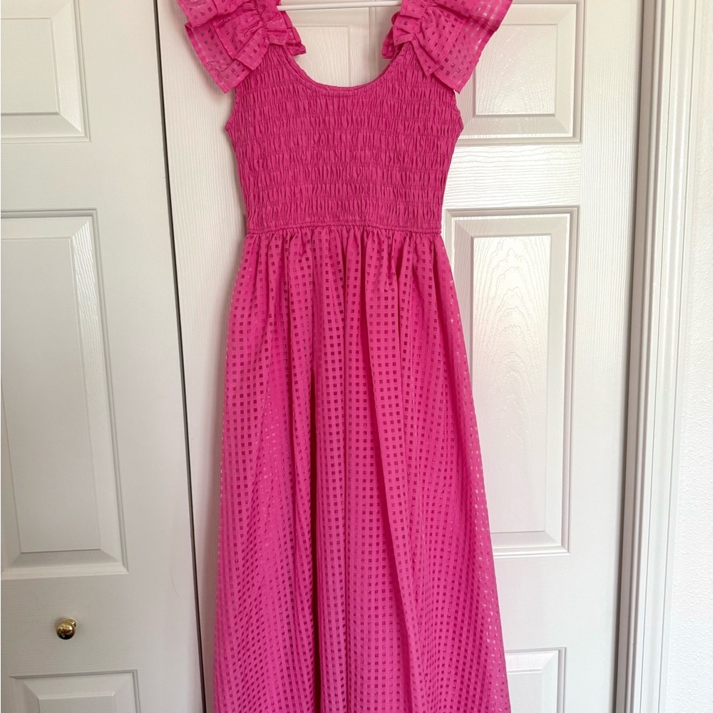 Hot Pink Smocked Midi Dress Ruffle Strap Barbiecore Summer - Picture 3 of 4